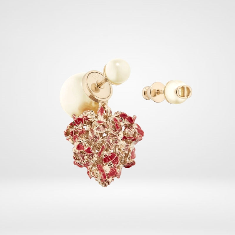 18K Dior Tribales Red Flower Heart Faux Pearl Earrings
