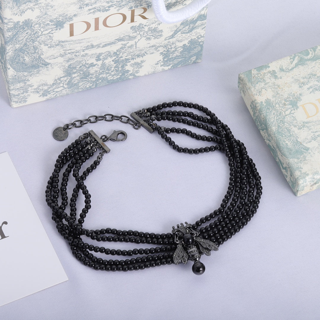 18K Dior Bee Black Pearls Chain Necklace