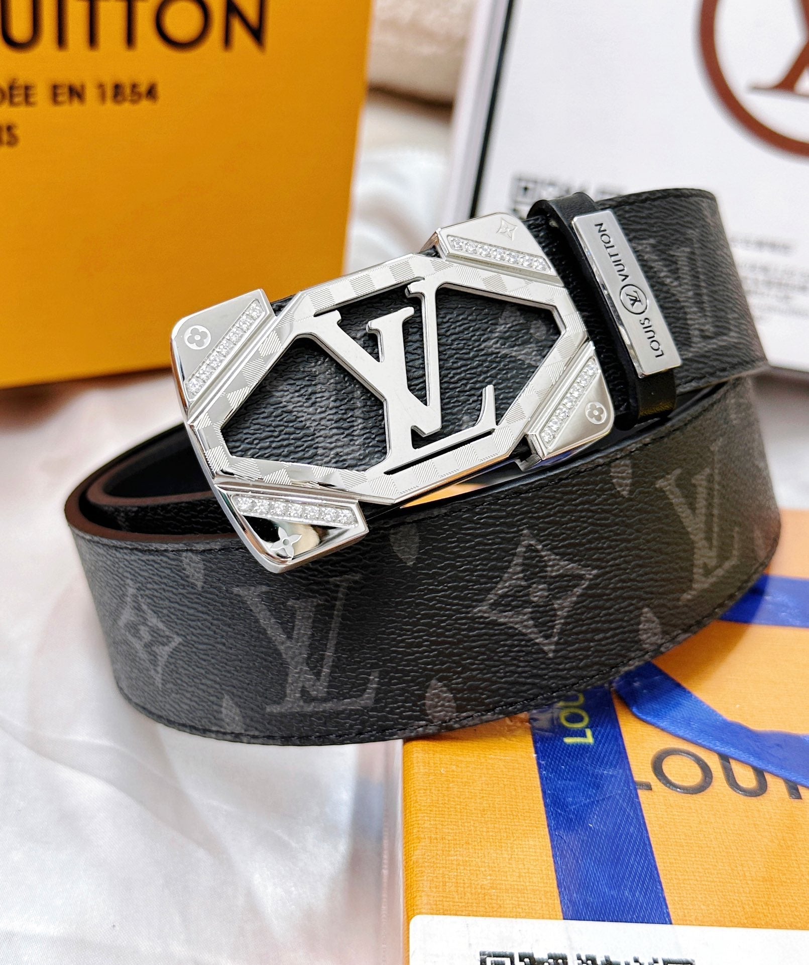 Luxury Monogram Leather Belt with Silver Geometric Buckle